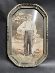 Antique Photo Of Man With Bucket In Convex Glass Frame