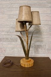 Mid Century Boho Brass & Rattan Lamp Plant Palm Motif