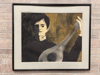 Mixed Media Work On Paper Boy With Guitar 27' X 31' Framed Matted No Glass
