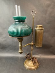 Electrified Brass Student Lamp With Chimney And Green Shade