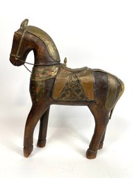 Vintage Carved Indian War Horse With Embossed Copper And Brass Tack