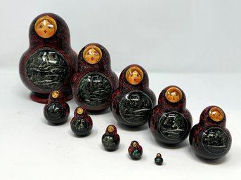 Matryoshka Russian Nesting Dolls Black Red Hand Painted Signed