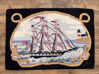 Claires American Classics Hooked Rug With Schooner Ship And Braided Rope