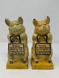 Pair Of Vintage Cast Iron Thrifty Pig Coin Bank The Wise Pig Safes