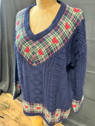 1990s Womens Hearts And Plaid Deep V Sweater In Navy - XL