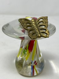 Vintage 3.5' Glass Mushroom With Brass Butterfly