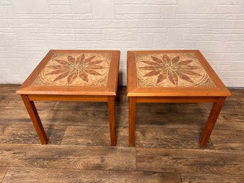 1960s Danish Hand Painted Tile Leaf Motif Side Tables