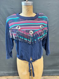 1990s Womens Cropped Western Fringe Tshirt - Large