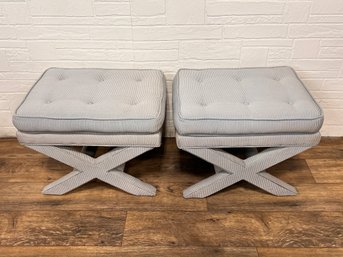 Pair Of Mid Century X Stools In Blue Pinstripe