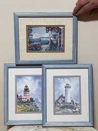 Trio Of Small Framed Coastal Art Pieces Including Lighthouses And Sailing Vessel