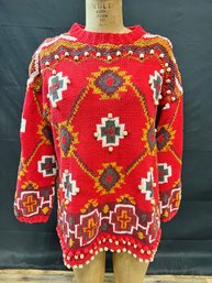 1990s Womens Hand Knit And Beaded Aztec Sweater - XL