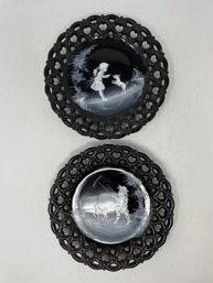 Pair Of Hand Painted Black Plates With Girls With Dog