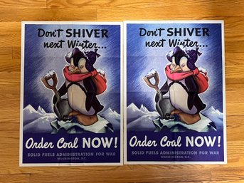 Pair Of 1944 WWII Government Distributed Coal Poster Featuring Penguin With Original Mailing Envelope