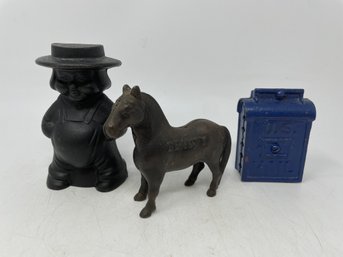 3 Small Cast Iron Banks - Amish Man, Mailbox And Horse