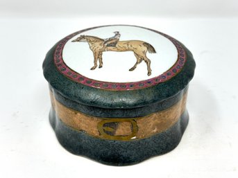 Ceramic Trinket Box Equestrian Racehorse Jockey