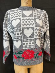 1990s Womens Sweater - Hearts And Flowers By Hot Cashews
