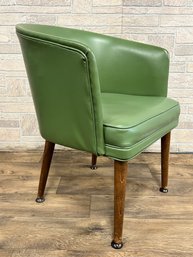 Mid Century Modern Olive Green Vinyl Barrel Chair With Tapered Walnut Legs Please See Description