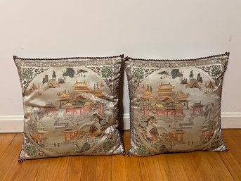 Pair Of Embroidered Silk Front Throw Pillows