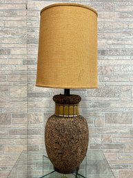 Monumental Mid Century Cork Table Lamp With Decorative Ceramic Band & All New Wiring And Socket