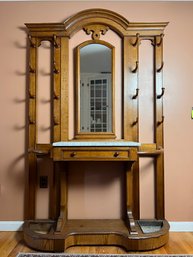 Quarter Sawn Oak Hall Tree With Single Drawer And Marble Ledge