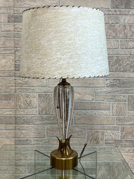 Mid Century Modern Atomic Table Lamp Crackle Glass Hand Painted Gold & White W/ Vintage Shade & New Wiring
