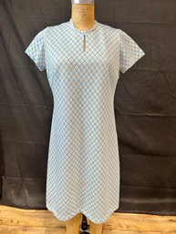 Vintage 1960s Womens Polyester Blue And Tan Printed Dress