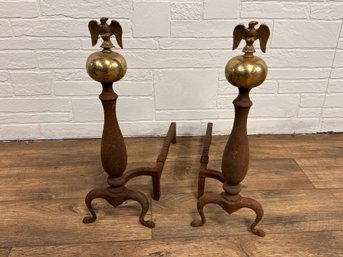 Antique Andirons With Brass Eagle Detail