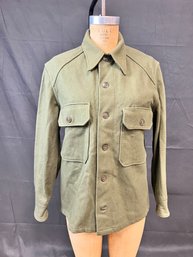 Vintage Mens Green Wool Military Button Front Shirt Jacket - Medium