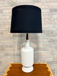 Vintage Classic Ribbed Column White Ceramic Lamp With Navy Blue Shade