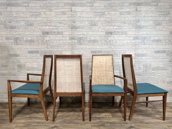 Set Of 4 Mid Century Modern Dining Chairs By Dillingham Of MS Black Walnut Caned Back With Turquois Vinyl Seat