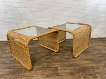 Pair Of Vintage Rattan And Glass Waterfall Side Tables