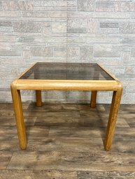 Post Modern Square Wood And Smokey Glass End Table