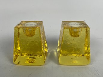 NEW!  Fire And Light Candle Holders Citrus Yellow Recycled Glass Studio Art 3 3/4in