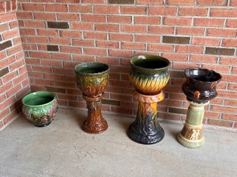 Large Group Of Art Pottery Jardinieres And Pedestals Roseville And Others