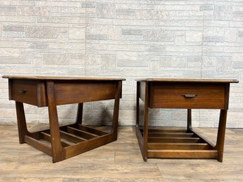 Pair Of Mid-Century Modern Sleigh Leg End Tables With Drawers