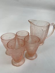 Pink Depression Glass Pitcher And Glasses