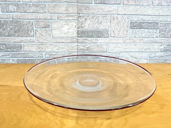 Large 19' Mid Century Clear Glass Dish With Red Rim