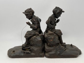 Pair Art Bronz Fishing Boys At Pond Bookends Signed KBW