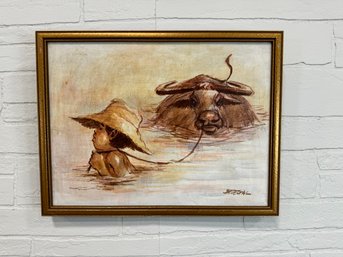 Signed Painting On Canvas Bengal Child With Water Buffalo