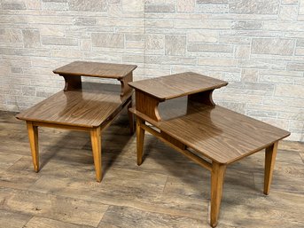 Pair Of Mid-Century Modern Two-tier End Tables By Lane Solid Wood With Laminated Tops