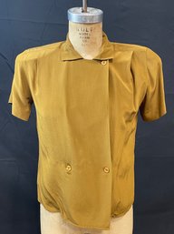 Jones New York Petite Mustard Yellow Short Sleeve Silk Blouse