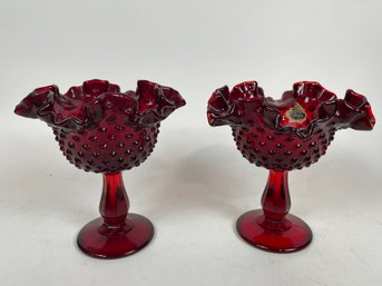 Pair Of Fenton Candy Dish Ruby Red Hobnail Compote