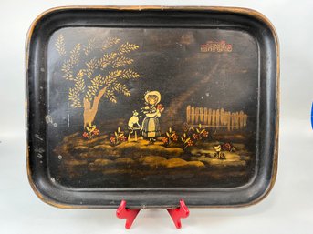 Vintage Toleware Tray Girl With Cat