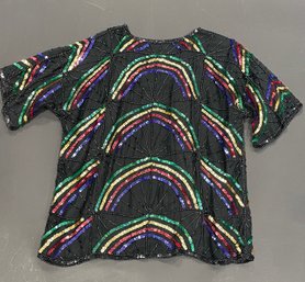 J.L.B. Black Silk With Multicolored Sequin Rainbow Pattern