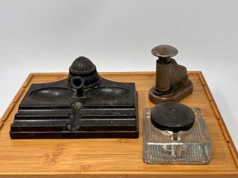 Antique Inkwell And Stapler Lot