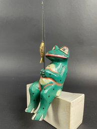 Folk Art Fishing Frog Shelf Sitter