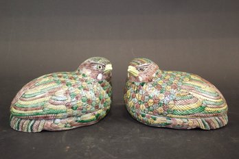 Pair Of Hand Painted Chinese Famille Verte Porcelain Quail Boxes