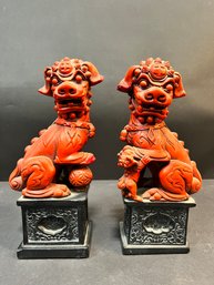 Pair Of Large Red And Black Foo Dog Statues