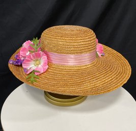 Straw Bonnet W/ Pink Ribbon And Floral Details