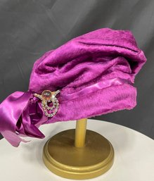 Bright Purple Velvet Turban Style Hat W/ Rhinestone Pin Detail